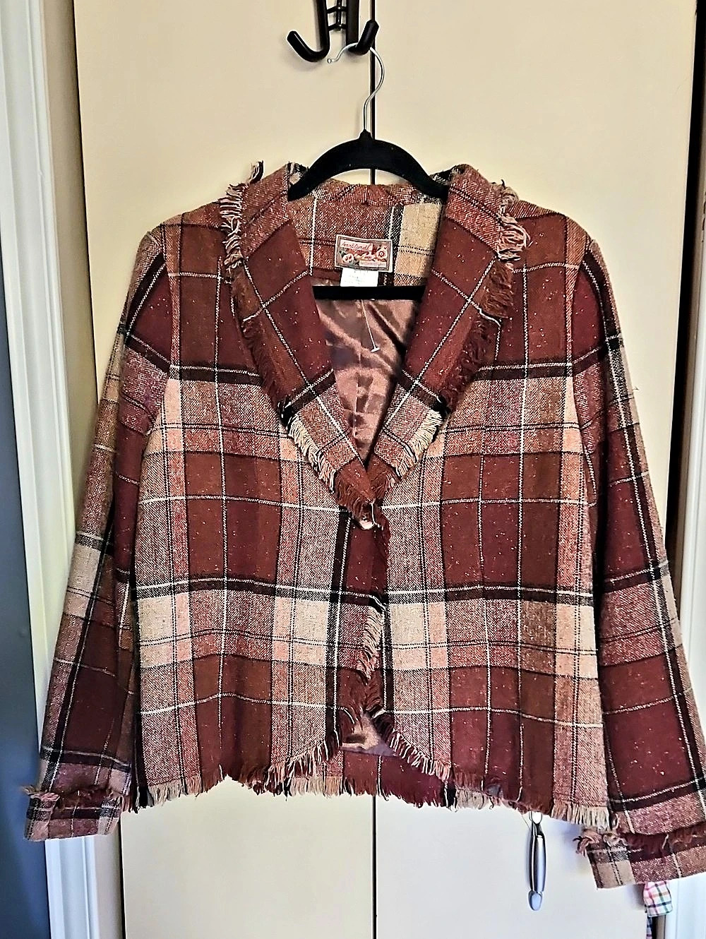 April Cornell Plaid Fringe Jacket in Brown & Pink Size Medium